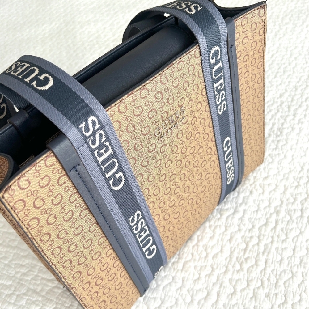 Guess Tan and Black Monogram Tote